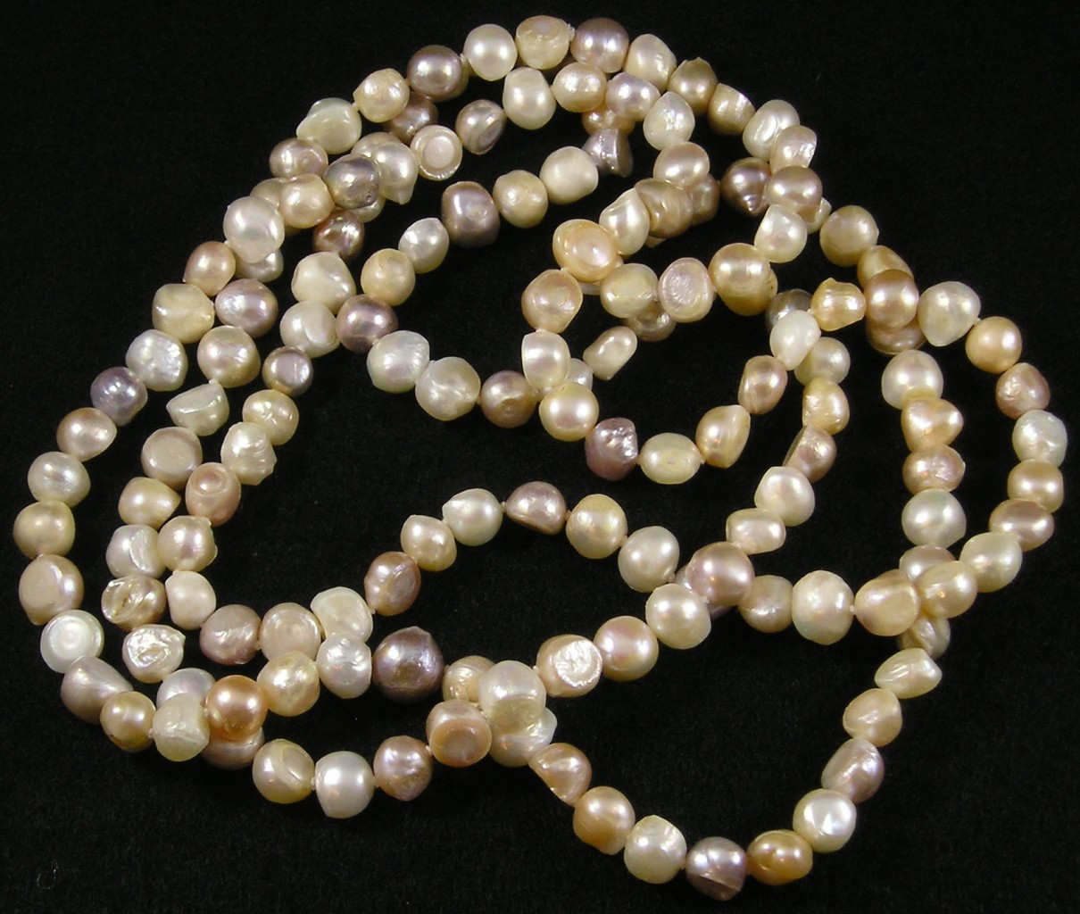 Mauve Peach White Freshwater Pearl Baroque Long Strand Necklace 58″ Knotted Silk