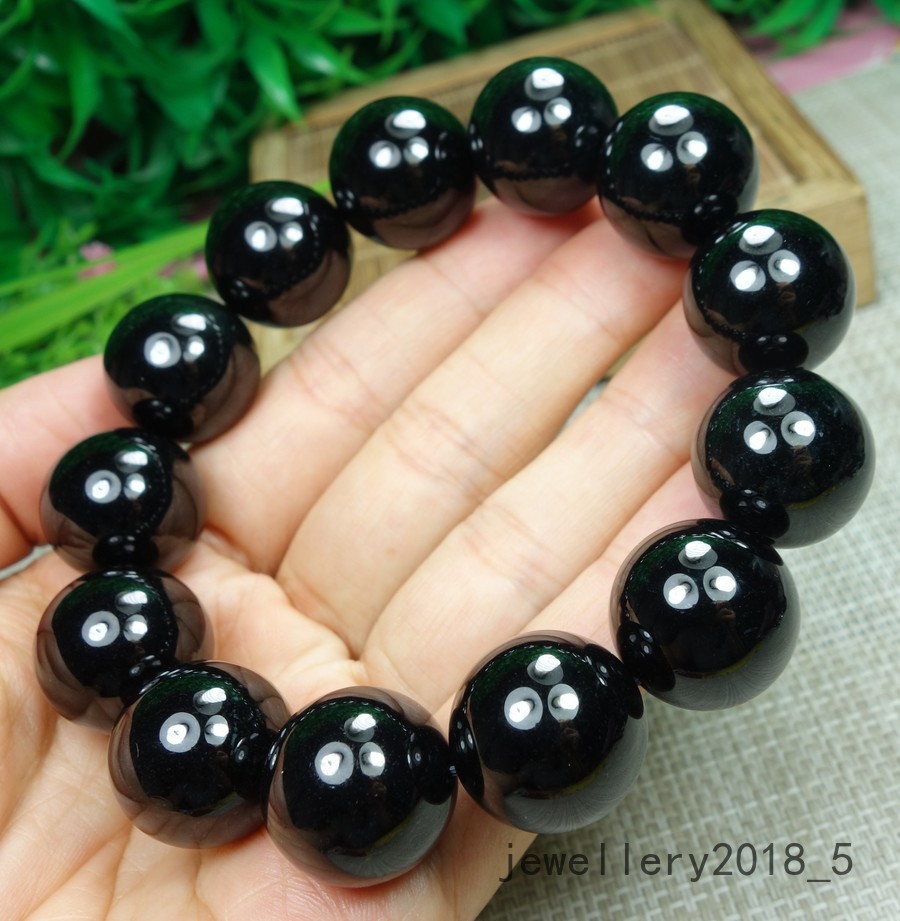 Certified Black Green Burma 100% natural A jadeite jade Bead Bracelets墨翠18mm圆珠手链