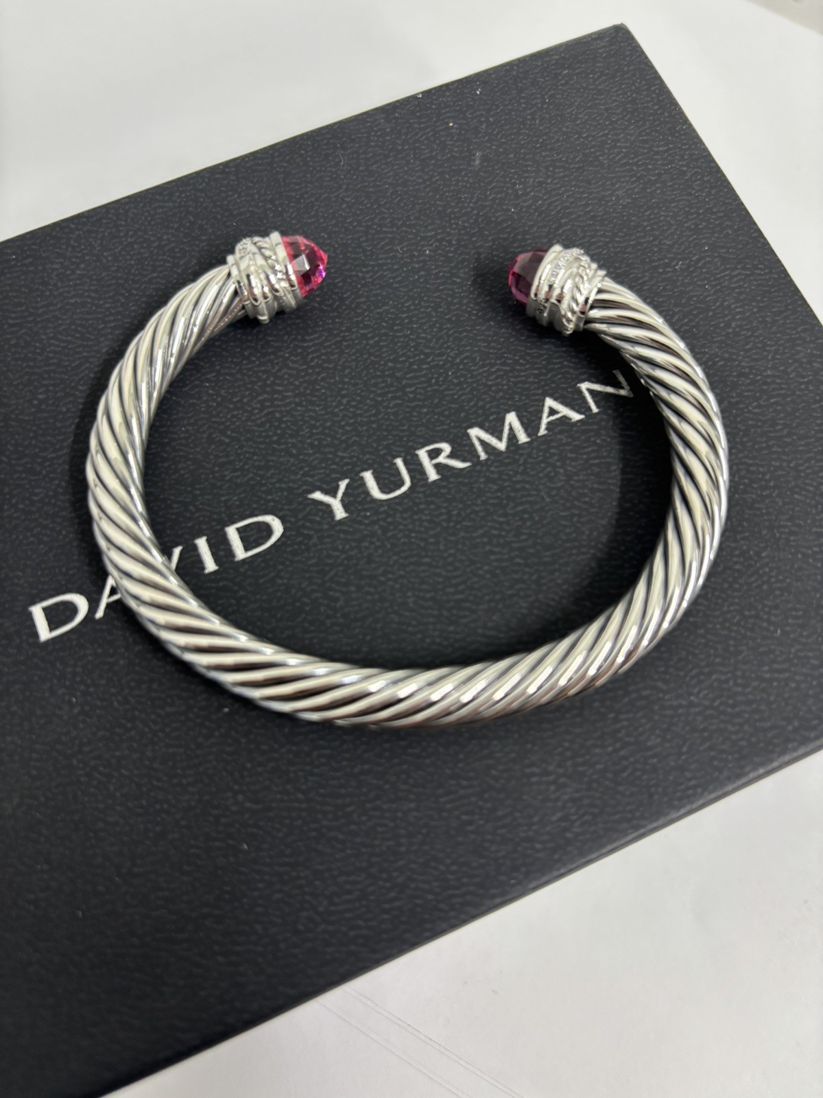 David 7mm Cable Cuff Bracelet 925 Sterling Silver Tourmaline & Diamond