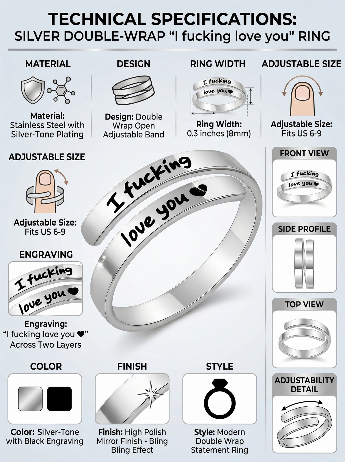 Funny Couple Love Ring, Silver Tone “I F*cking Love You” Statement Band