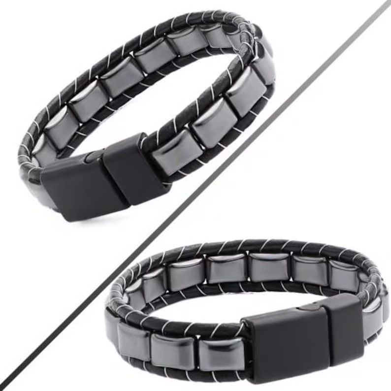 Premium Hematite Leather Healing Men Protection Strength Stylish Bracelet Gifts