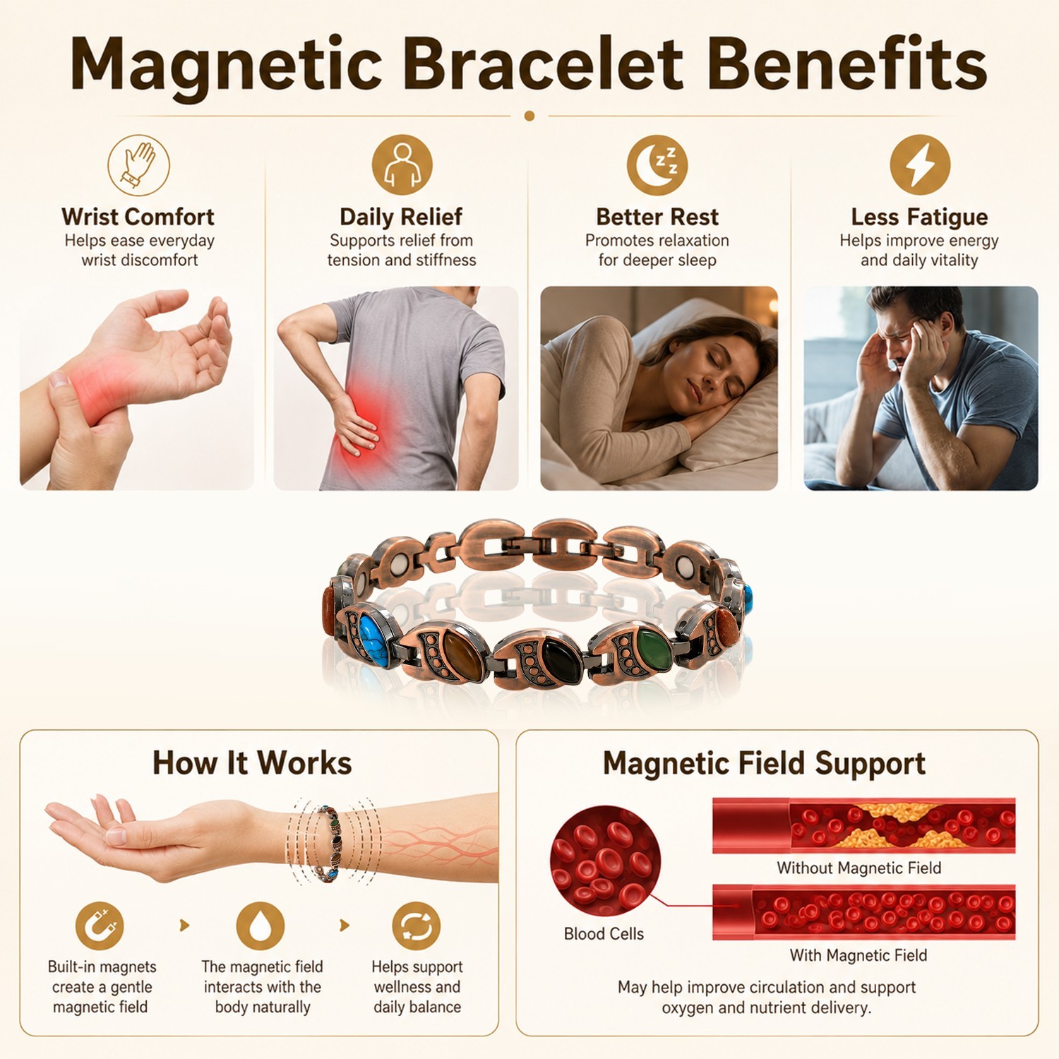 Antique Red Copper Magnetic Bracelet for Adult, Anti-Oxidation Scratch Resistant