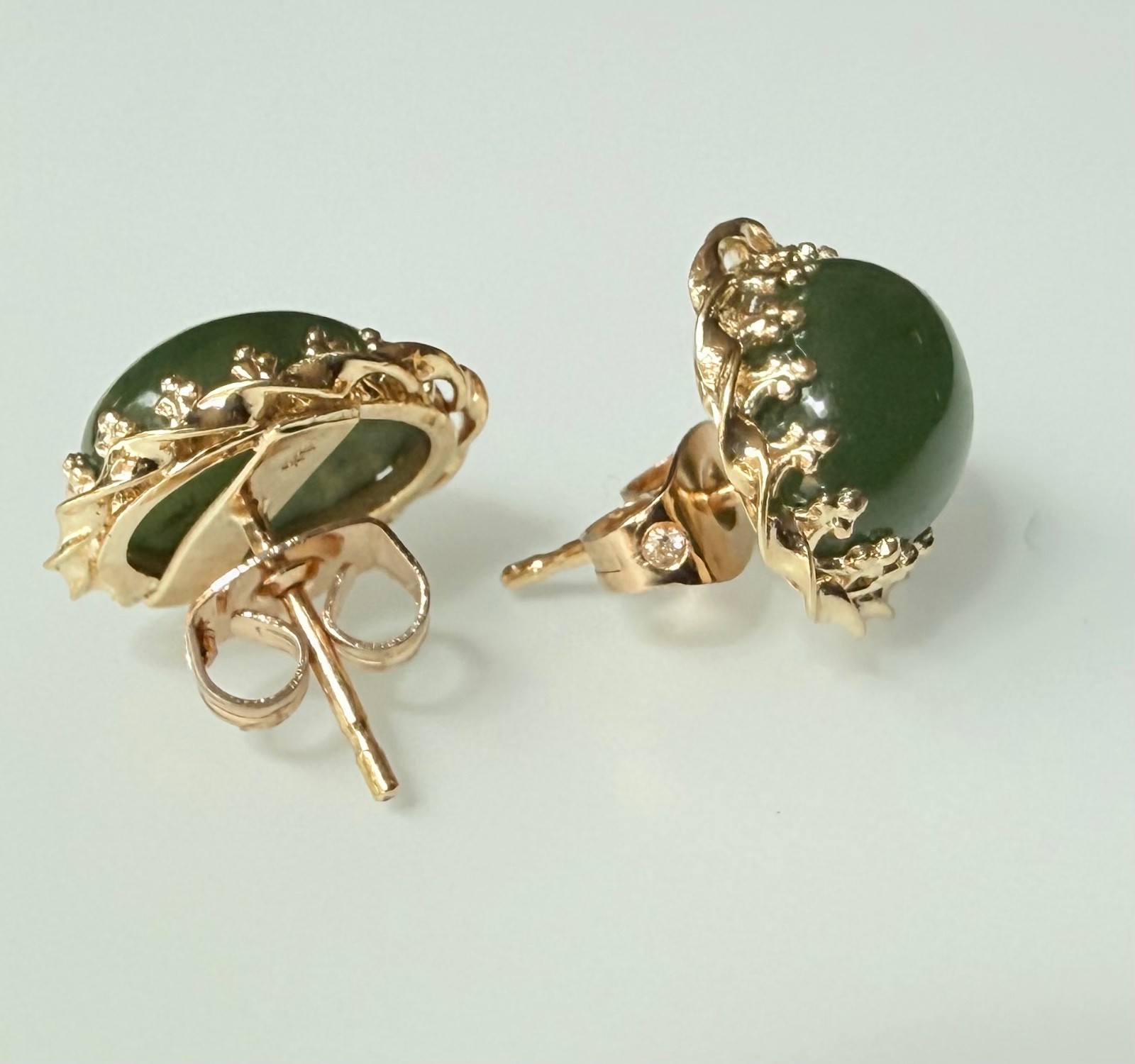 Vtg Stud Green Cabochons Earrings set in 14K Gold Intricate Twisted Prong Set…