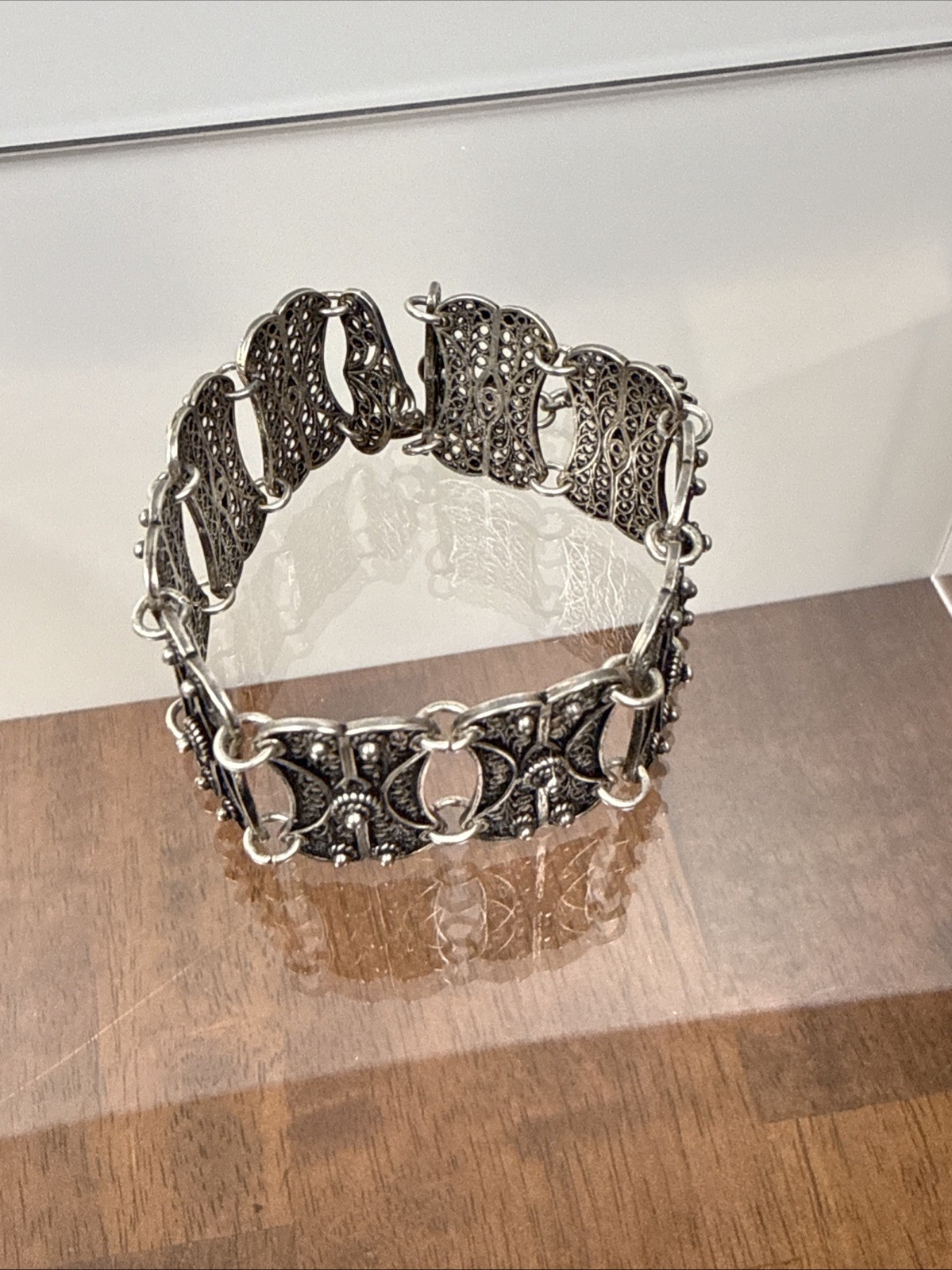 925 Silver Turkish Panel Bracelet. 7.75-8.75in Long. ~1 inch Wide. E5