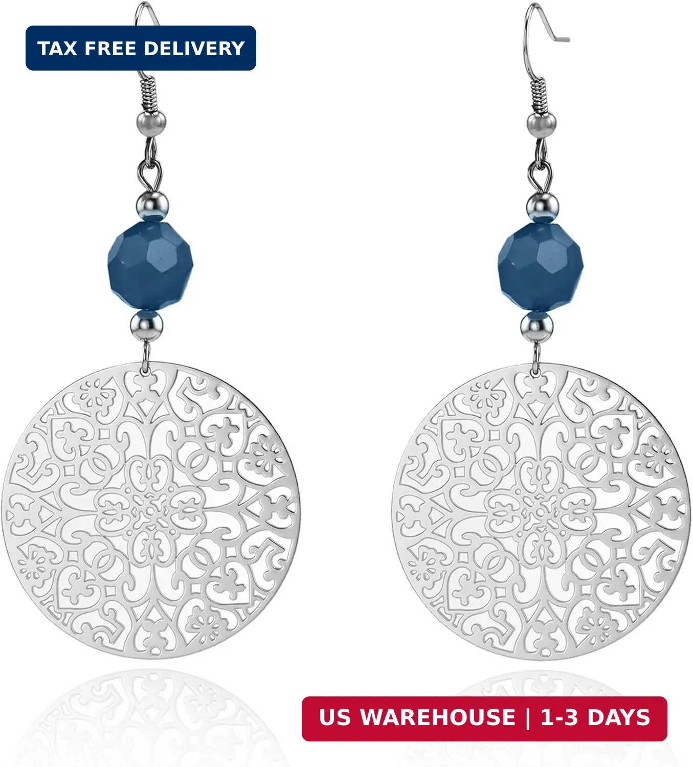 Silver Blue Bead Boho Filigree Dangle Vintage Handmade Round Disc Drop Earrings
