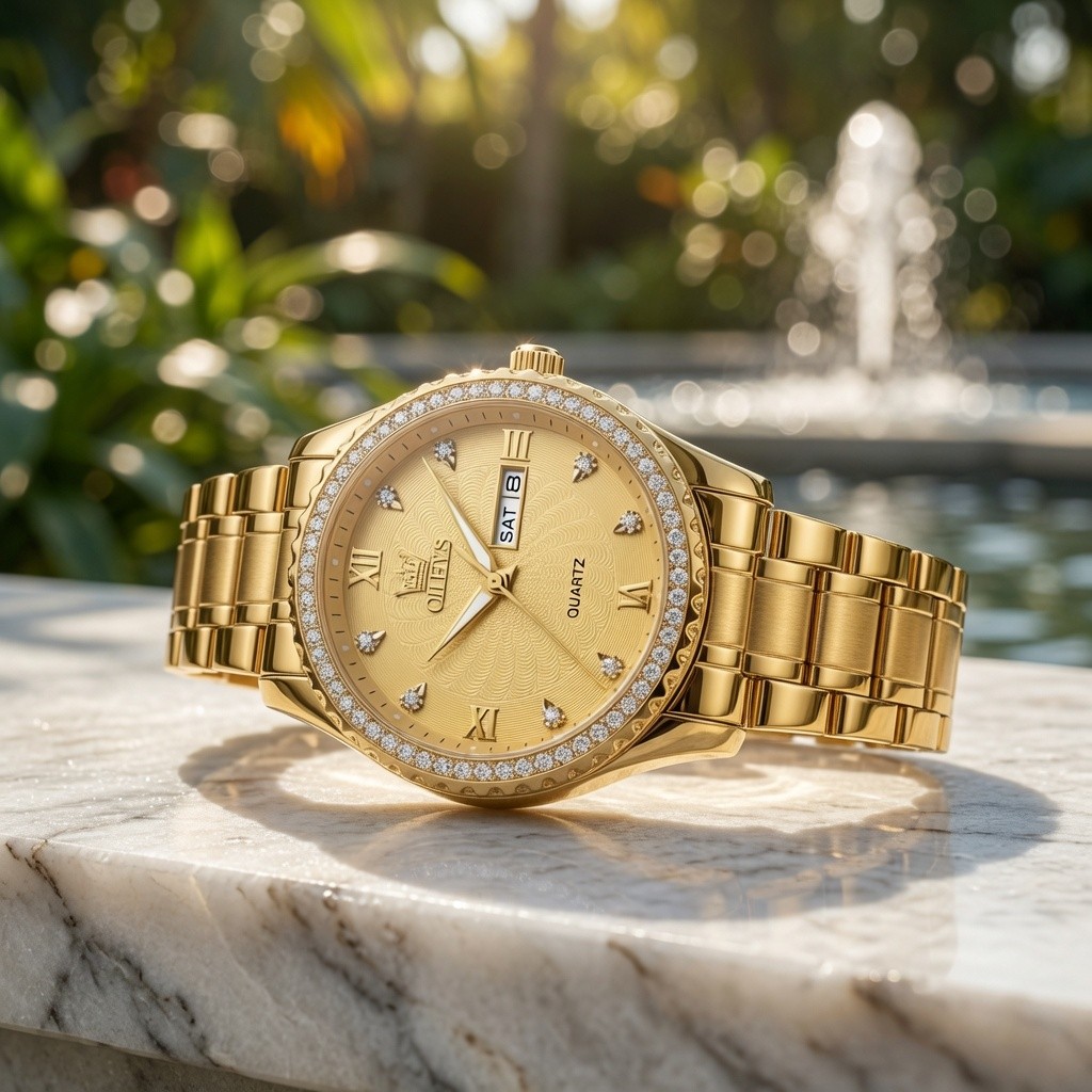 Classic Gold Men’s Luxury Crystal Lined Watch Stainless Steel Man Quartz Round