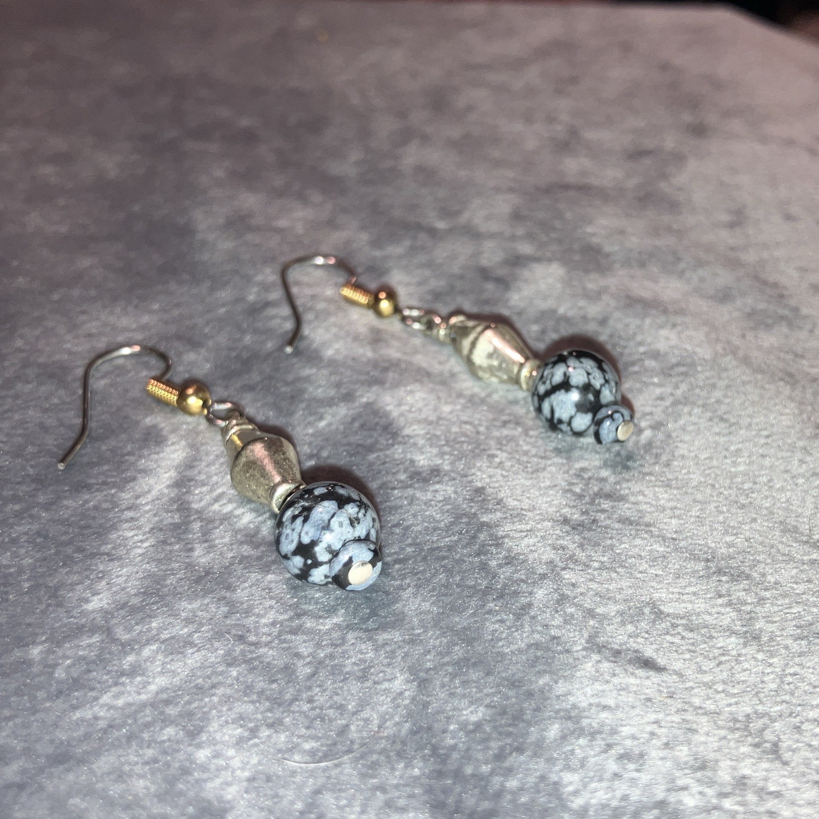 Silver Tone Beaded Dangle Drop Hook Earrings Black Gray Round Bead Stone