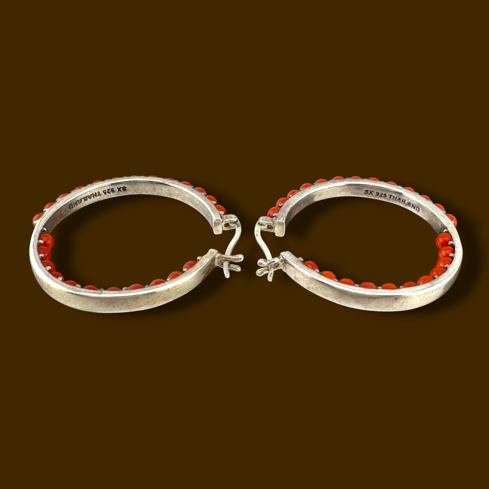 Vintage Sterling Silver Red Gemstone Inside Out Hoop Earrings 1.35″