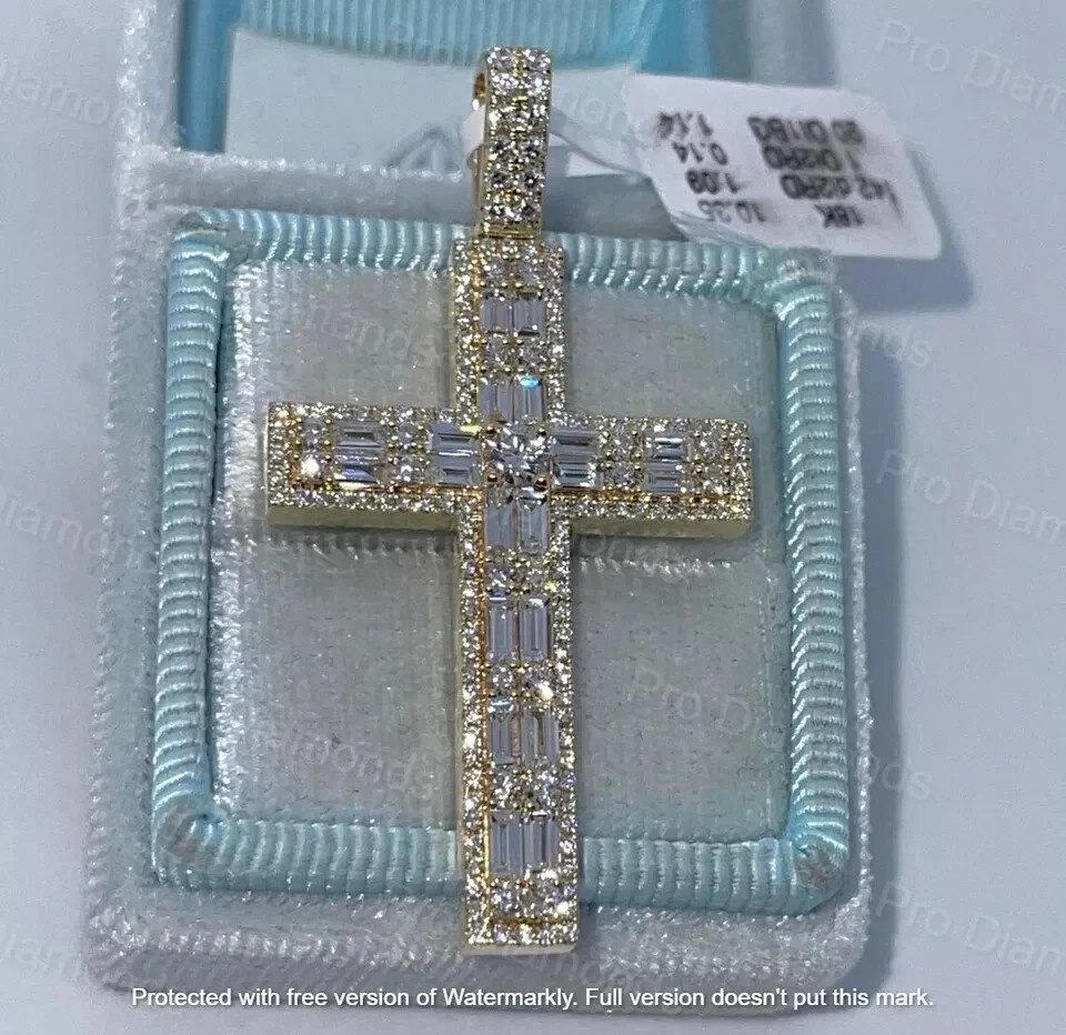 Real Moissanite 2.50Ct Baguette Cut Cross Pendant 14K Yellow Gold Silver Plated
