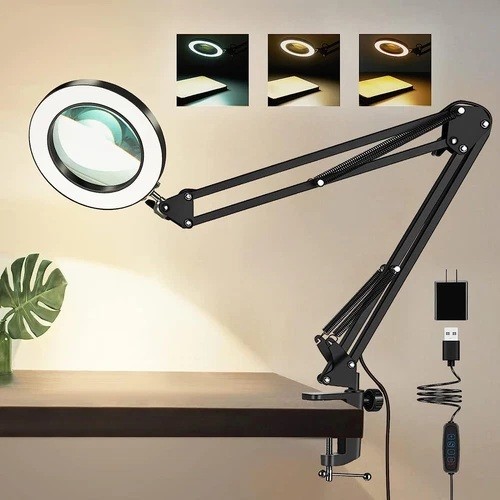 10X Magnifying Glass LED Desk Lamp With Base and Clamp forJewelry Making/Reading