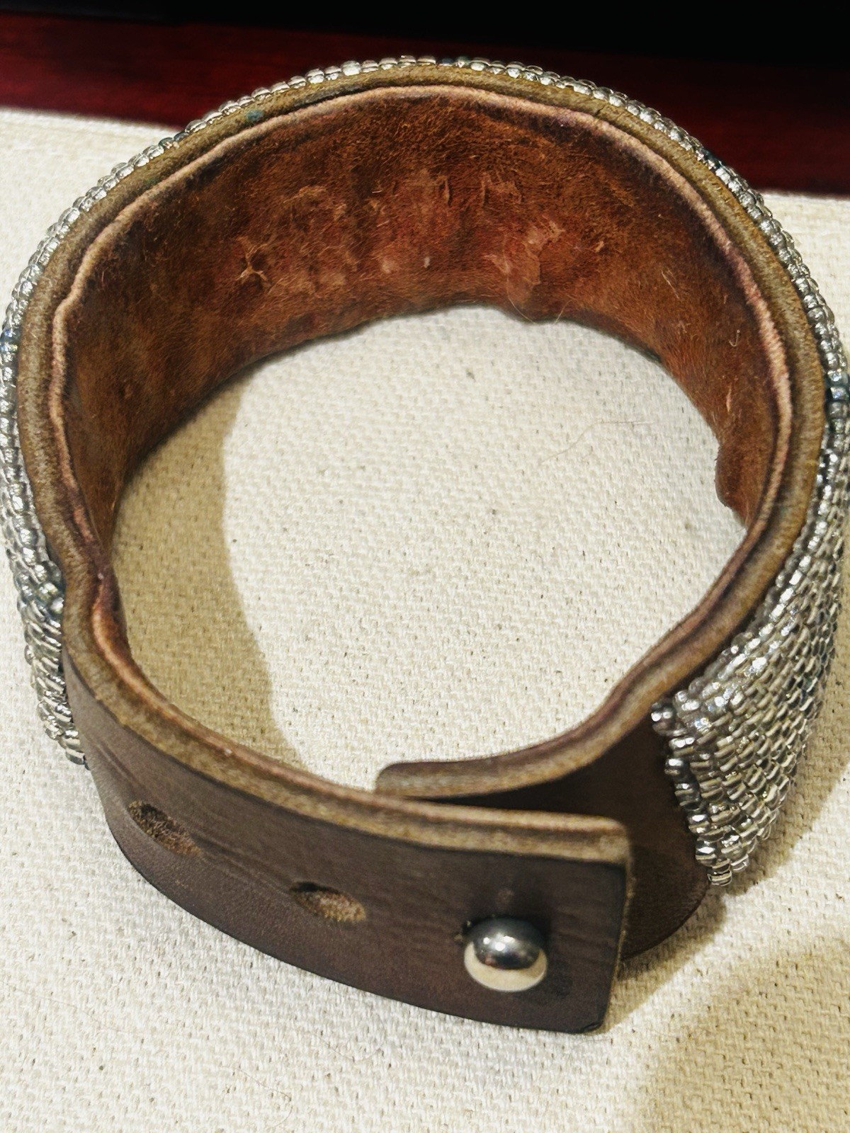 Beaded Silver And Slate Medium Width Ombré Leather Cuff Made In Tanzania