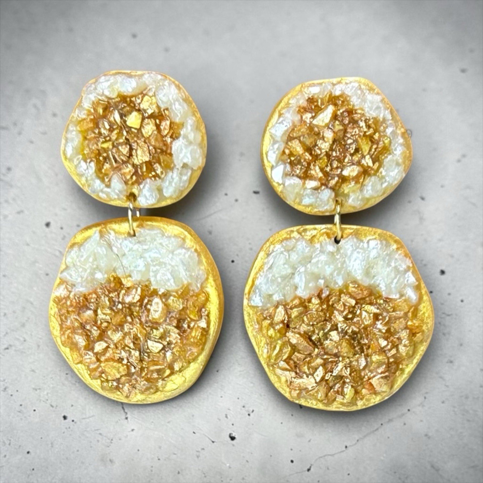 Faux Citrine Drusy Handmade Polymer Clay Dangle Earrings Stainless Steel Posts