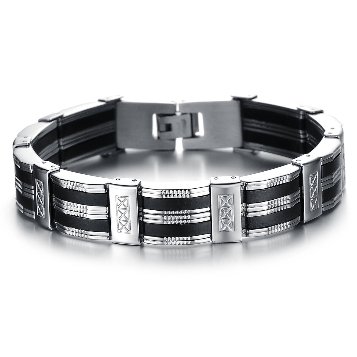 Men’s Black Silver Tone Silicone Rubber Stainless Steel Bracelet Chain Wristband