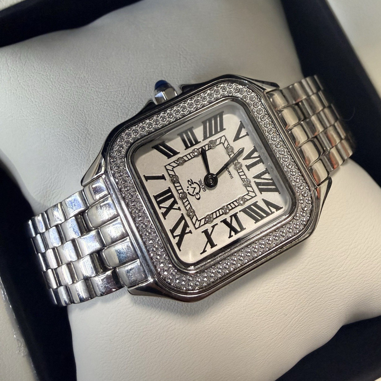 Gevril Milan Women’s Diamond Square White Roman Dial Steel Bracelet Box & Papers