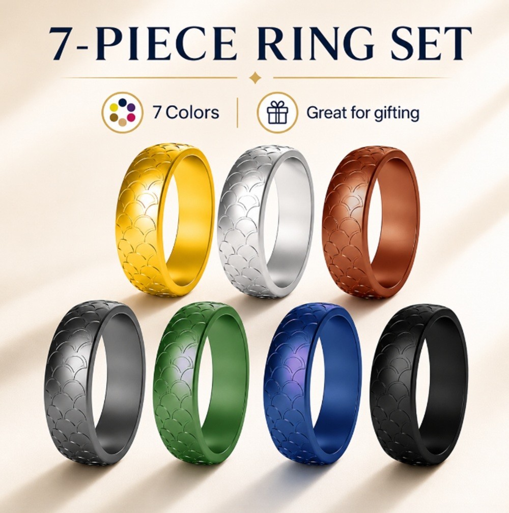 7 Pack Silicone Wedding Rings, Unisex Rubber Bands for Active Lifestyles & Sport
