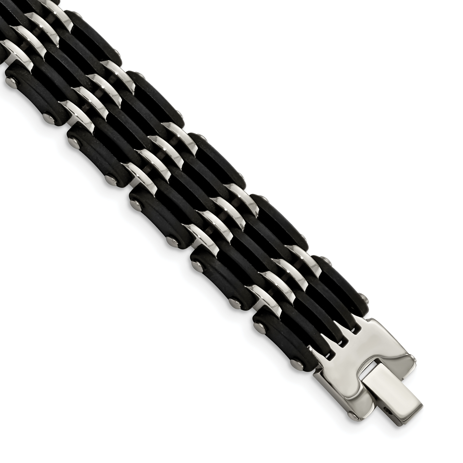 Chisel Stainless Steel Polished with Black Rubber 8.25 inch Link Bracelet SRB137