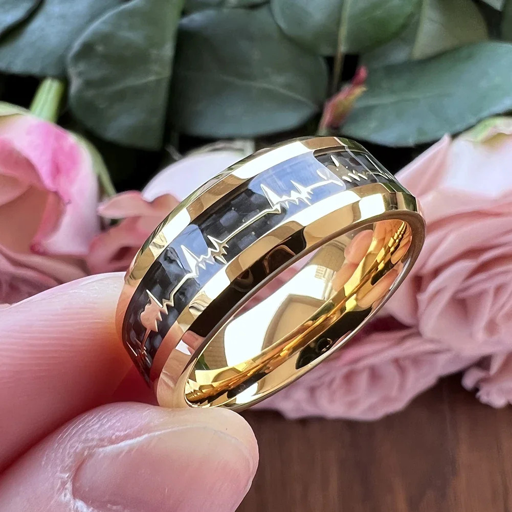 8mm Carbon Fiber Heart Inlay Tungsten Carbide Wedding Band Ring Men Jewelry