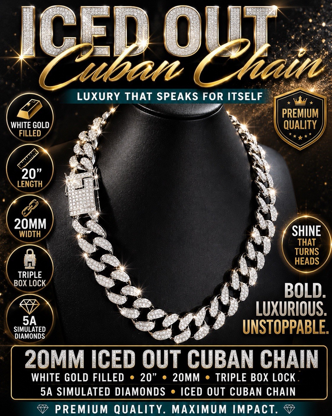 Iced Out Cuban Chain, 20MM, 20” Long, Simulated Stones, White Gold Filled