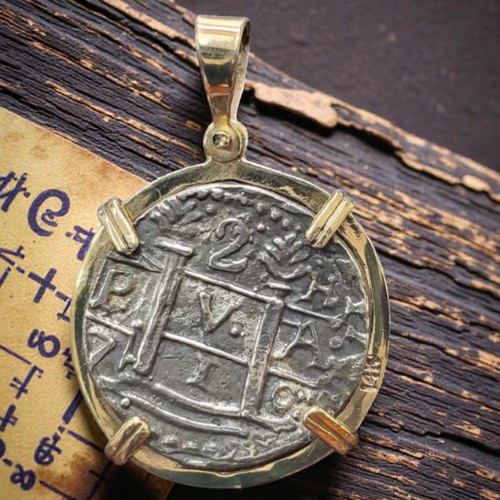 Atocha Silver Coin Pendant Solid 14k Gold Frame Shipwreck Certificate