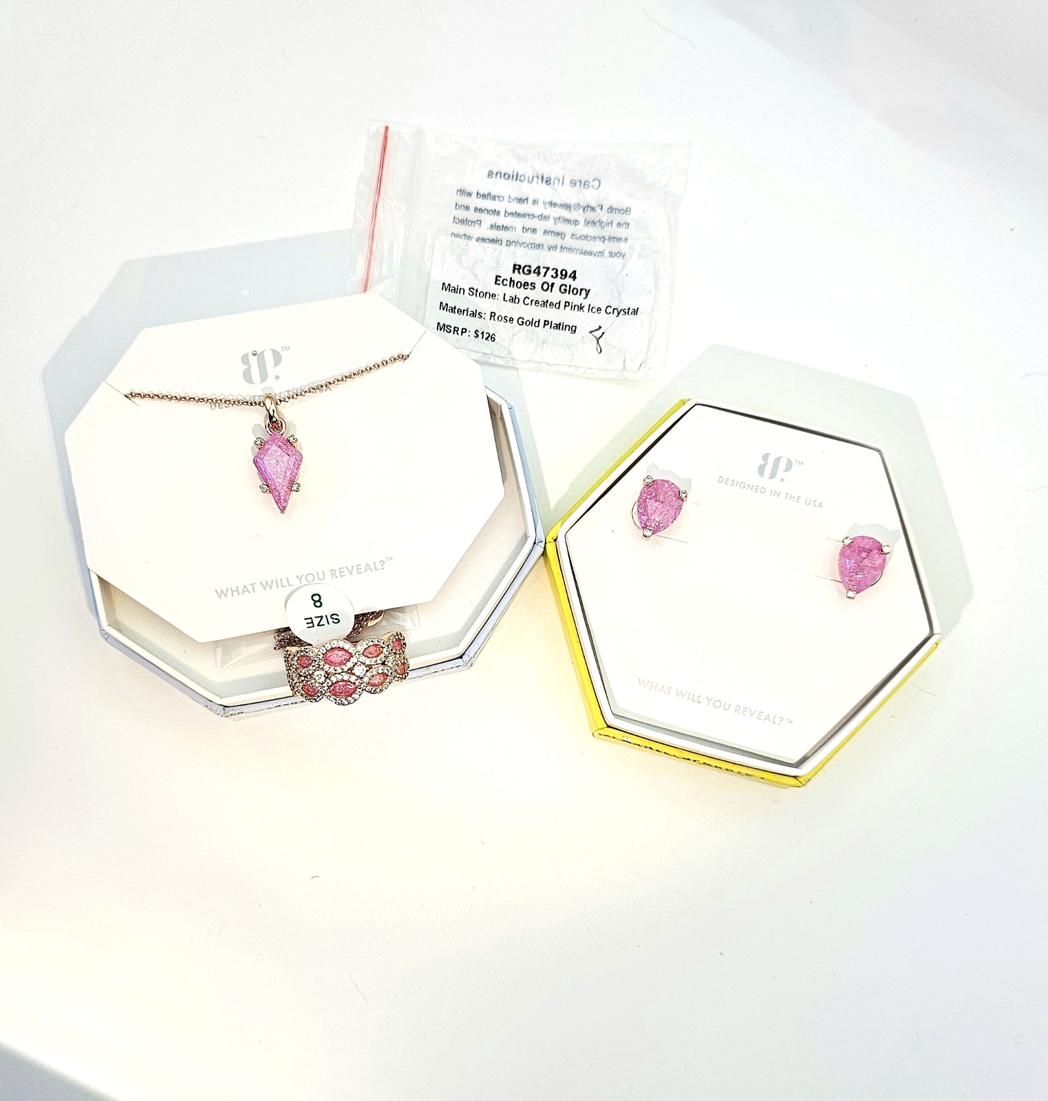 Bomb Party BP Bundle – Pink Ice Necklace Earrings Ring Rose Gold-plating Size 8