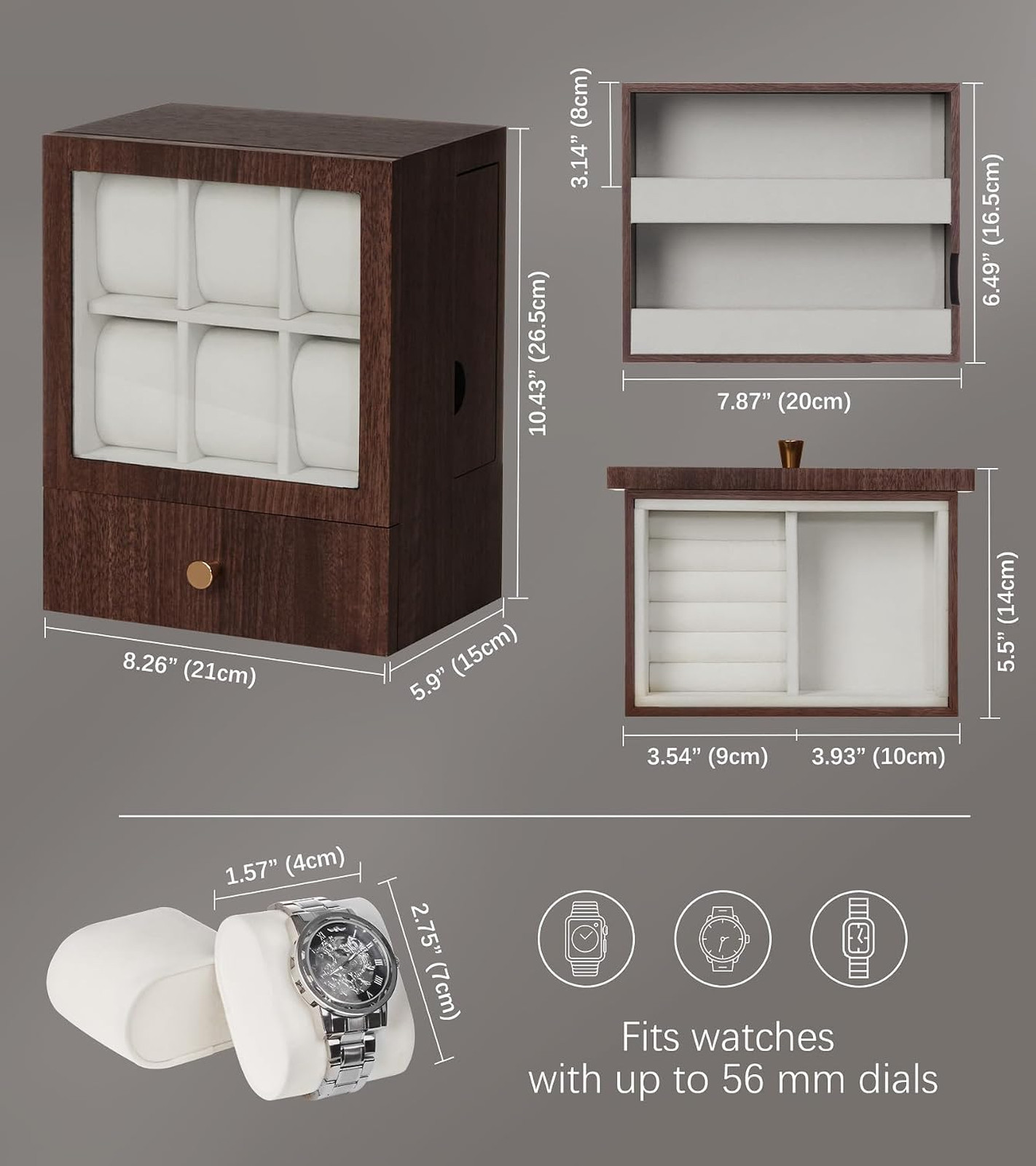 Wooden Watch Box for Men, Display Case with 6 Slots, Organizer for Watches