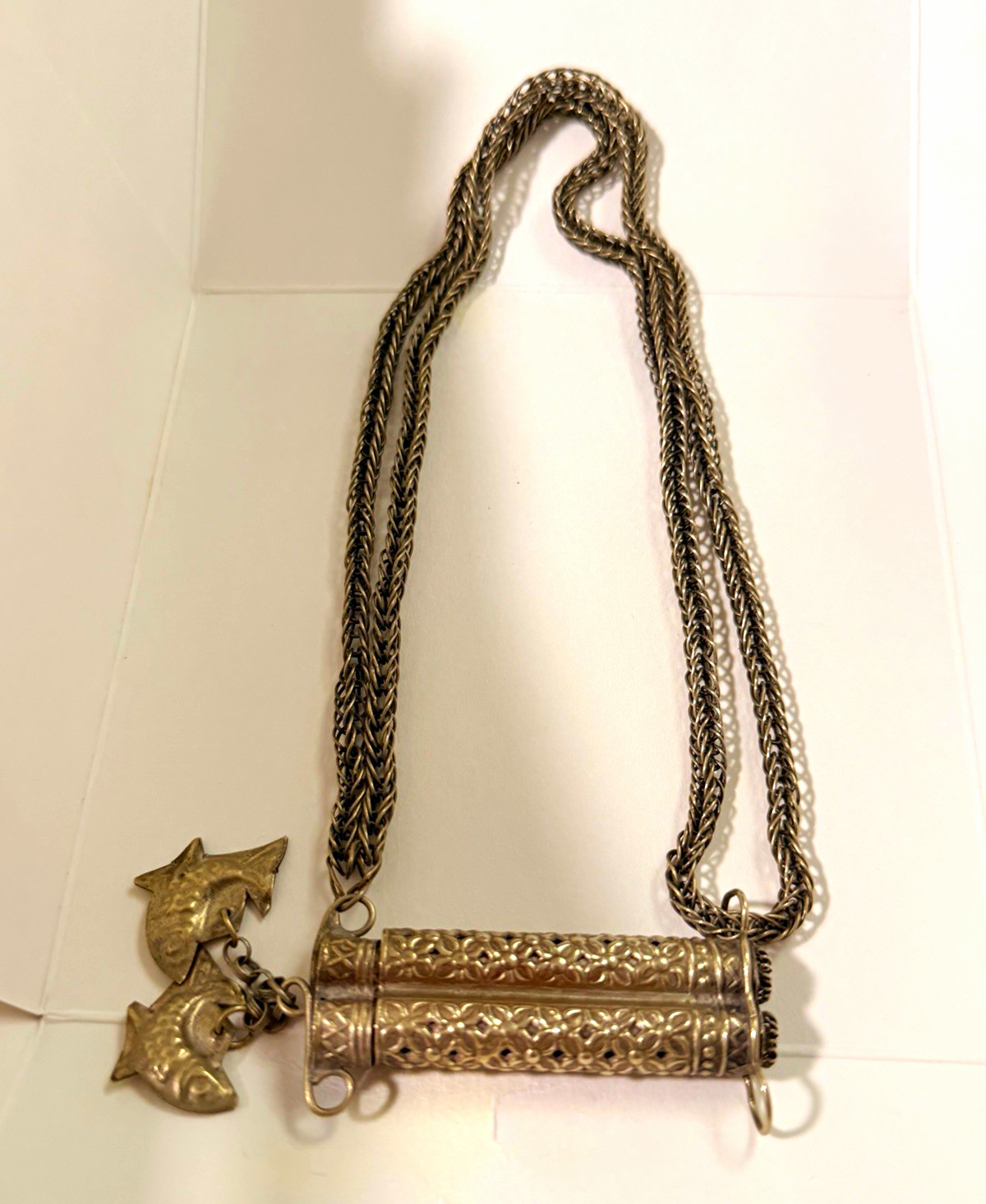 Vintage Tibetan Double Prayer Scroll Tube Necklace Fish Charms Pendant 29g Rare