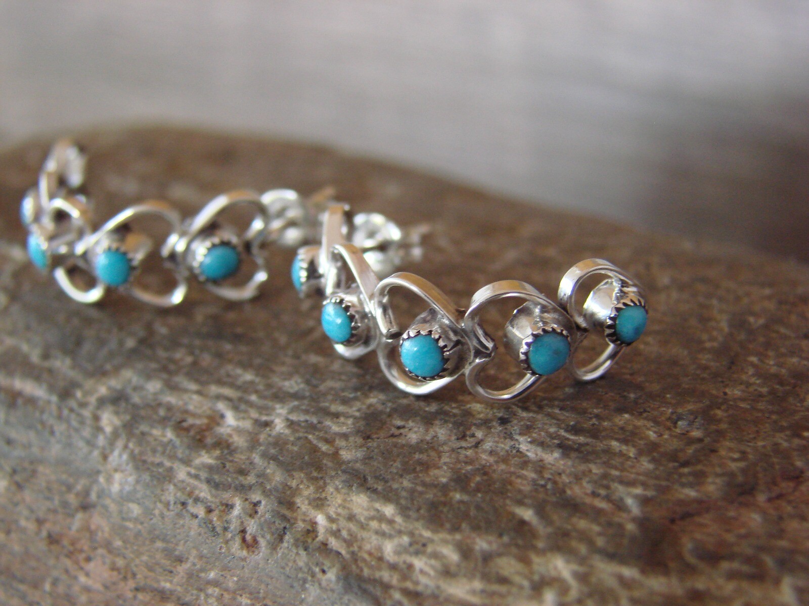 Zuni Indian Sterling Silver Turquoise Heart Hoop Post Earrings