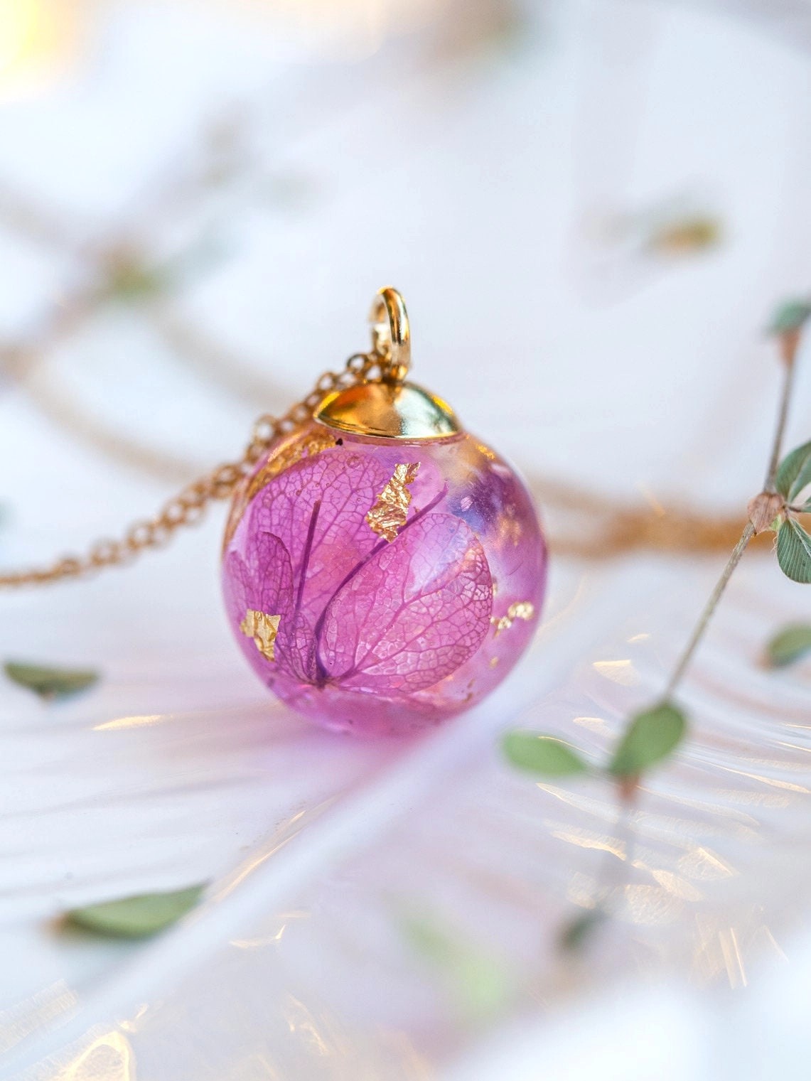 **Dried Hydrangea Resin Orb Necklace Whimsical Fairy Pressed Flower Pendant**