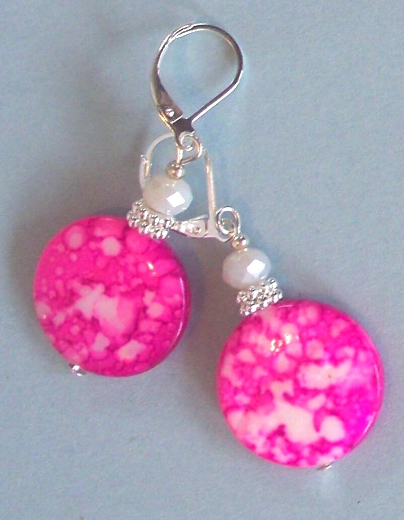 Pink Splash SHELL White Crystal earring LEVERBACK artisan XX