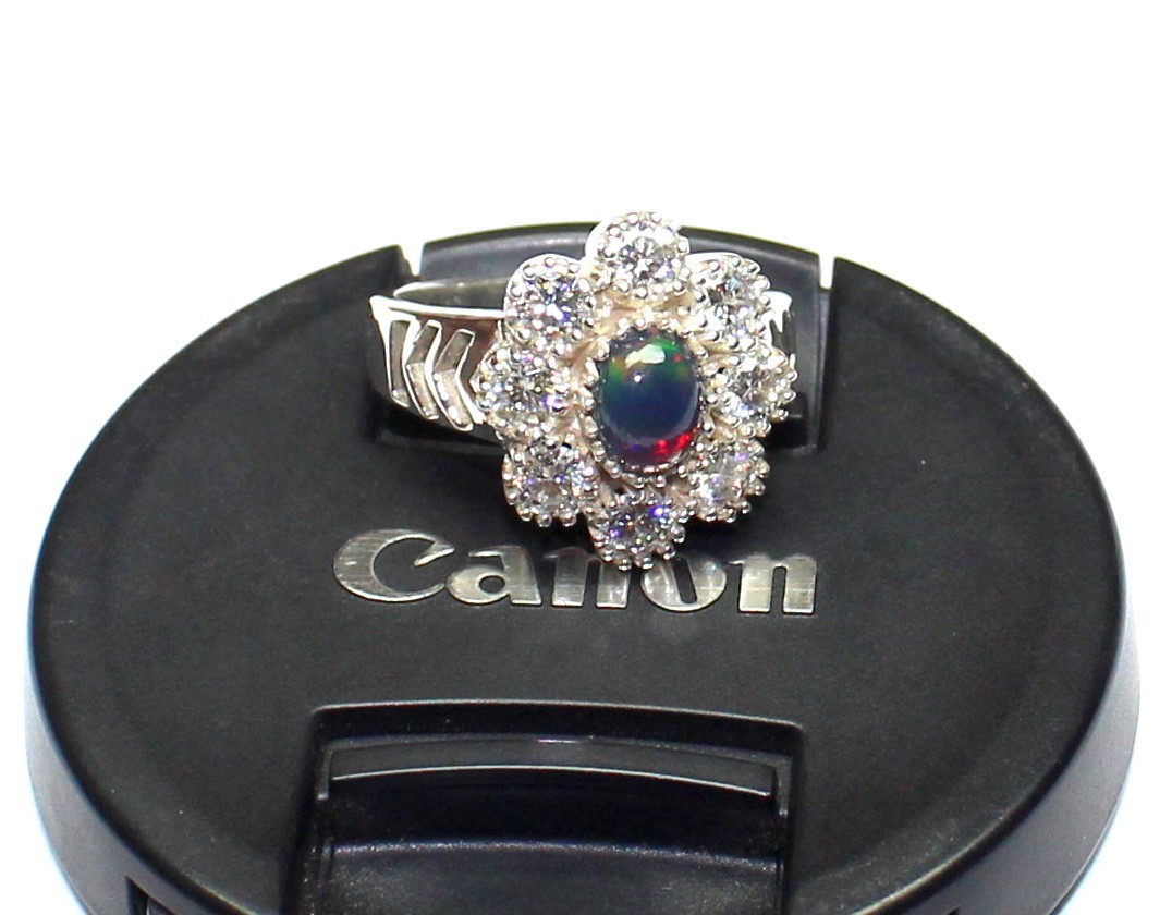 Black Opal Ring, Sparkle Moissanite 925 Silver Ring, Unique Engagement Jewelry