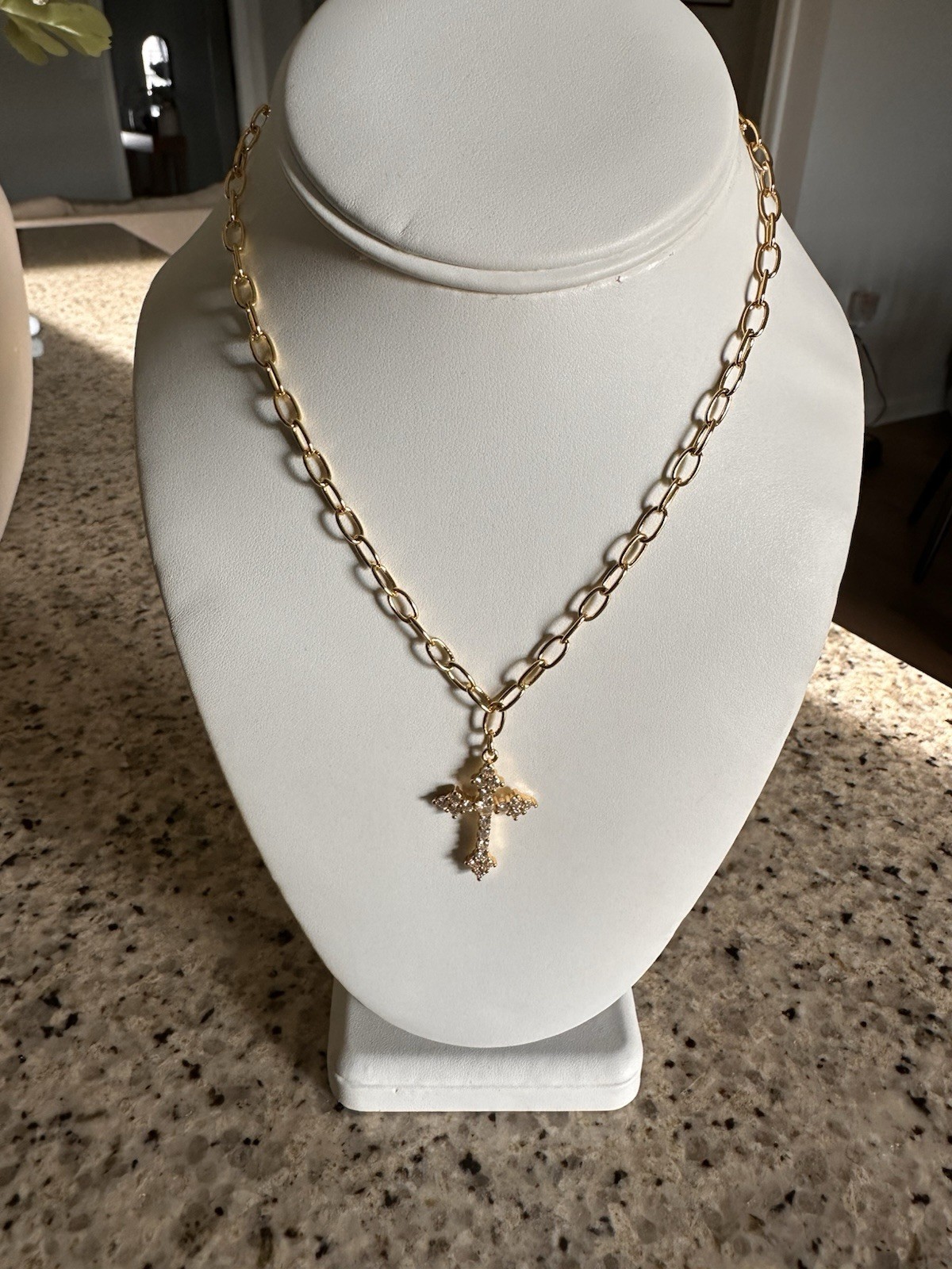 Gold Tone Oval Link Chain Necklace Crystal Cross Charm Pendant Adjustable