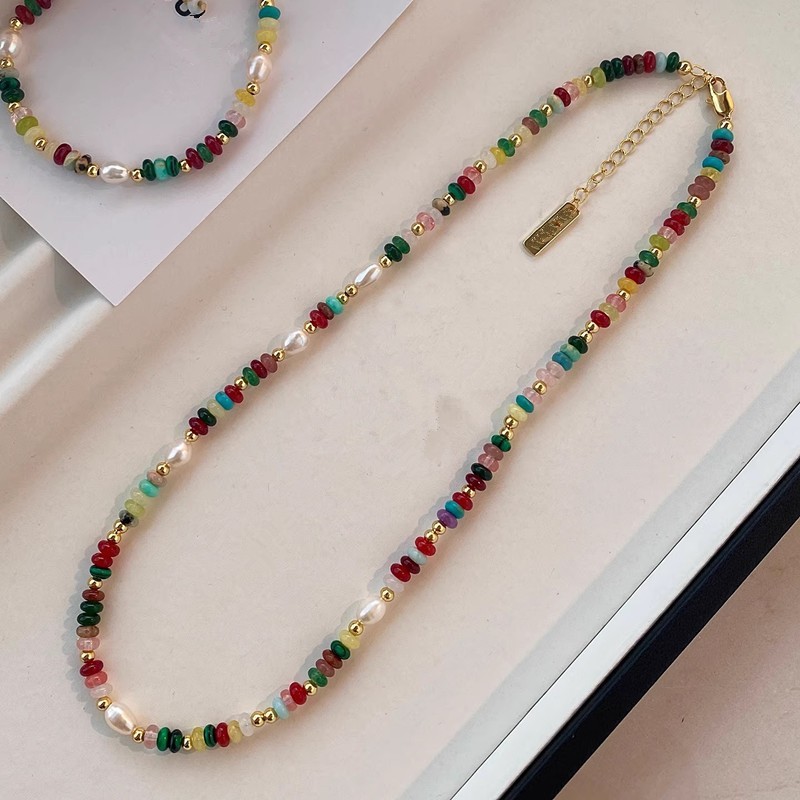 Premium Assorted Gemstone Pearl Rainbow Summer Necklace Bracelet Set for Women