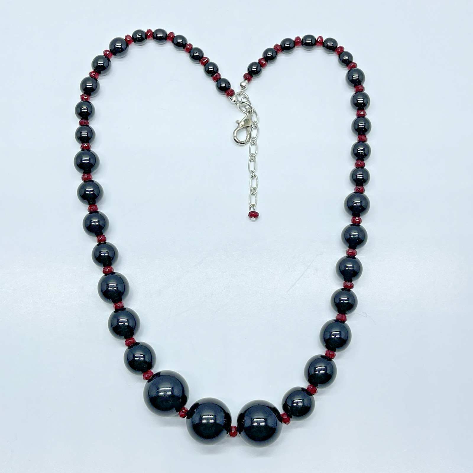 Gothic Black Beaded Necklace Graduated Bead Ruby Red Crystal Spacer Silver Tone