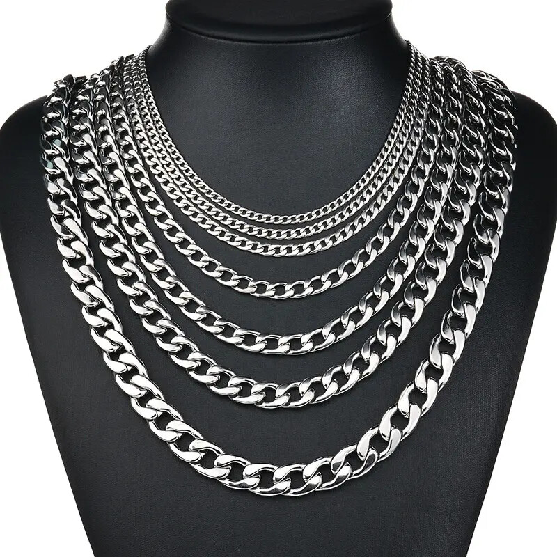 Stainless Steel Cuban Chain Necklace Silver Plated Choker Mens 3/5/7/9/11mm
