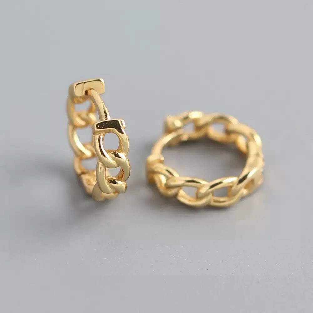 925 Silver Chain Link Huggie Hoop Earrings Vintage Unisex Geometric Earrings A62