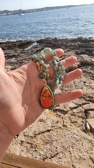 Amazonite Citrine And Picture Jasper Beads Necklace Colourful Teardrop Pendant