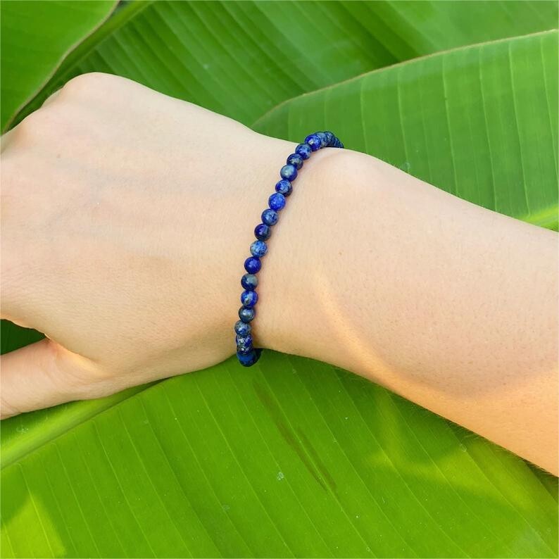 Lapis Lazuli Crystal Gemstone Elastic Dainty Bracelet Minimalist 4mm Round Beads