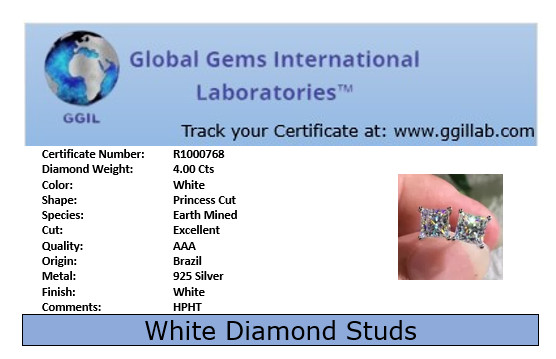 4.00 Ct Certified Princess Cut Diamond Solitaire Studs-Great Shine & Bling!