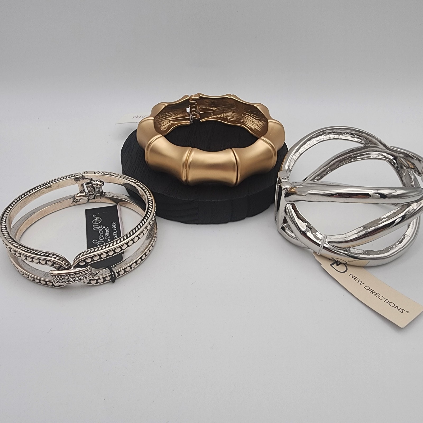 NWT Statement Hinged Cuff Bracelet Lot 3pc Silver & Gold Tone Bamboo Set