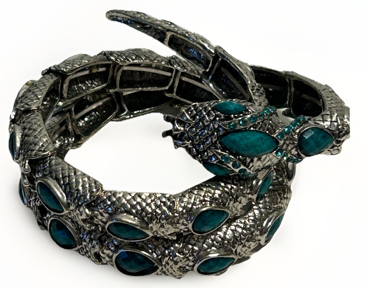Snake Shaped Silver Tone Round Bracelets W/tuquse Stones Stretchable