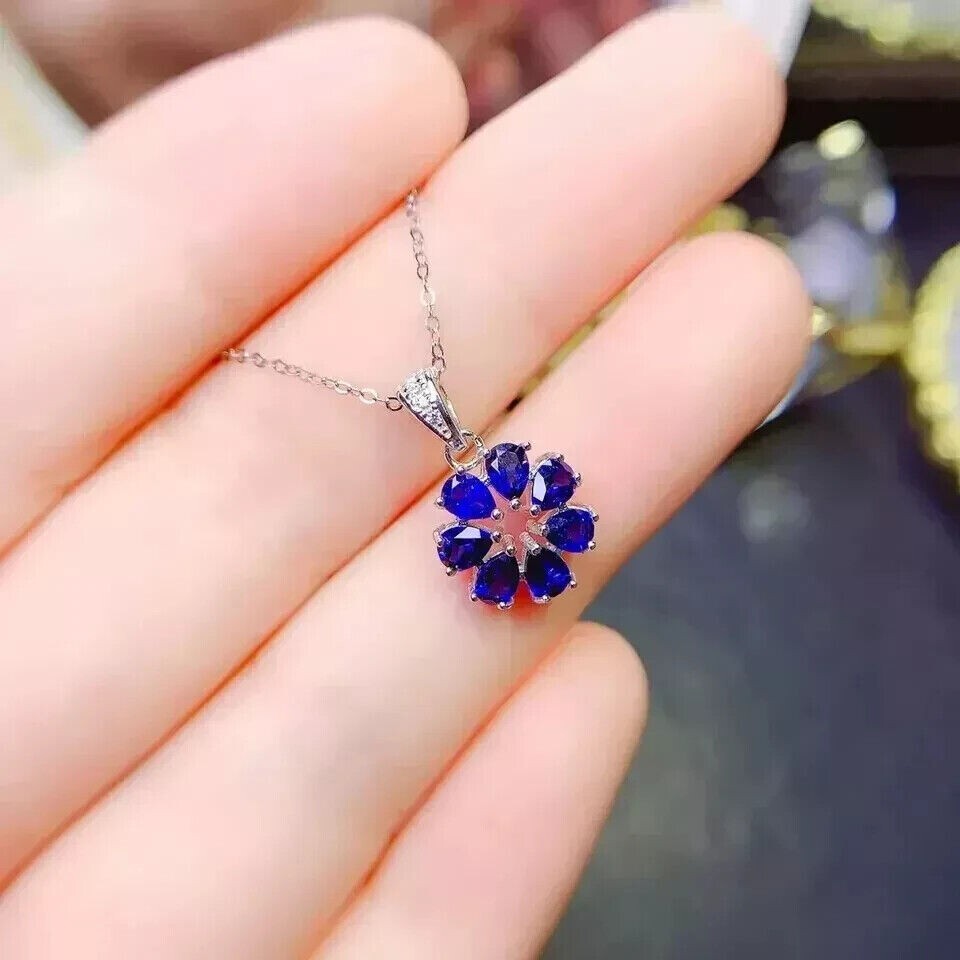 2Ct Pear Cut Simulated Blue Sapphire Flower Shape Pendant 14k White Gold Plated