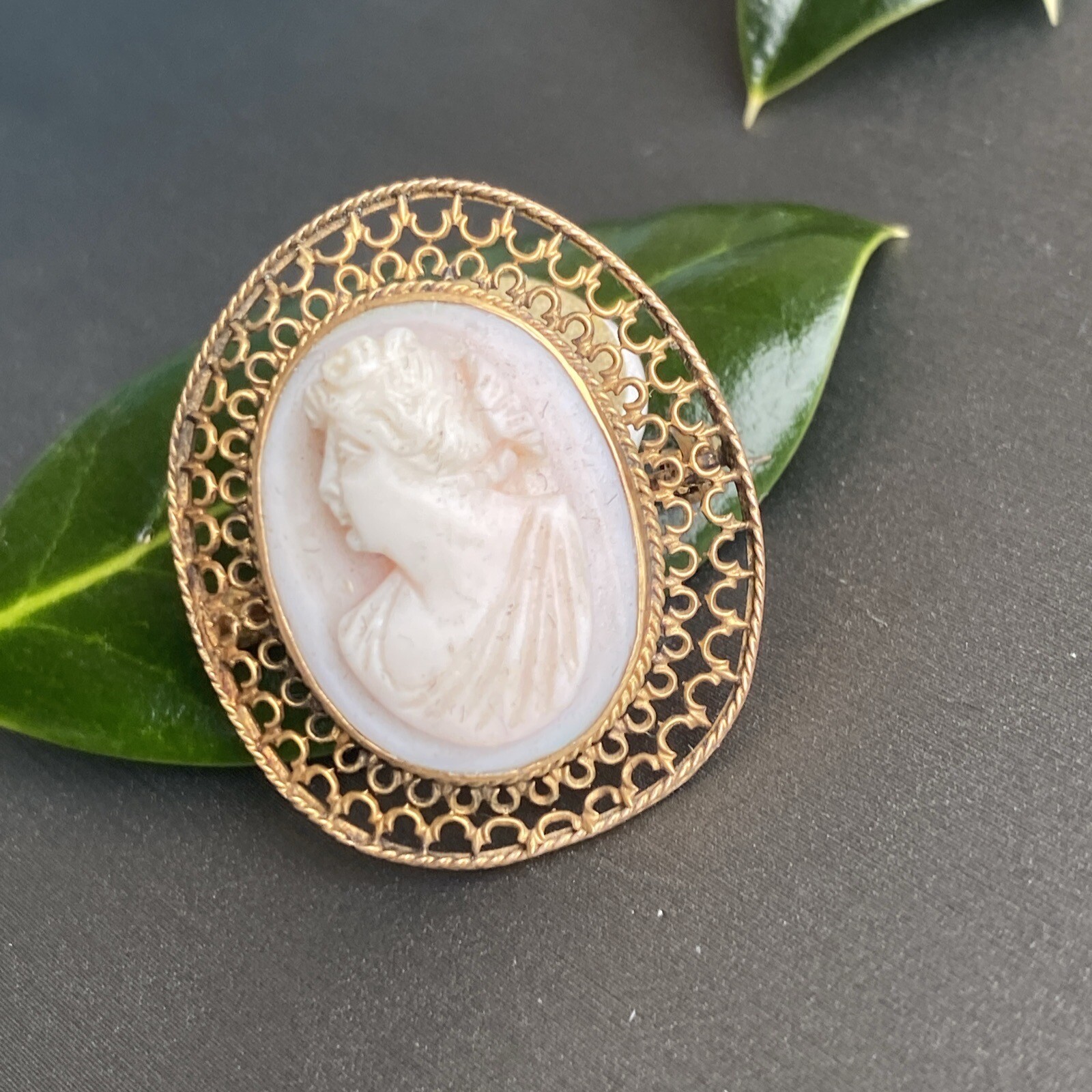 14K Yellow Gold Coral Cameo Brooch Antique Goddess Beauty Profile Fine Jewelry