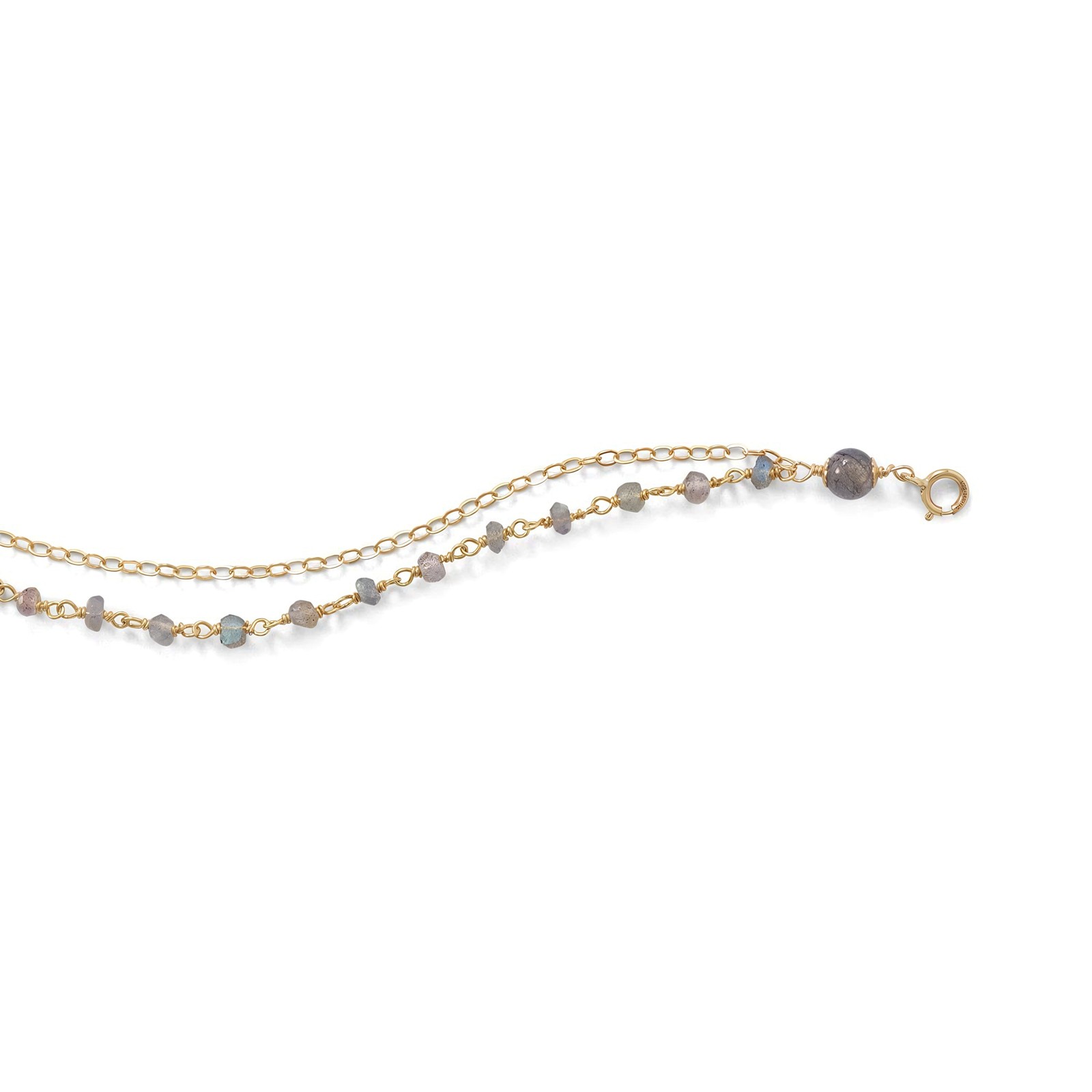 Double Strand Labradorite Bracelet 14K Gold Filled 925 Silver Spring Ring 7.25in