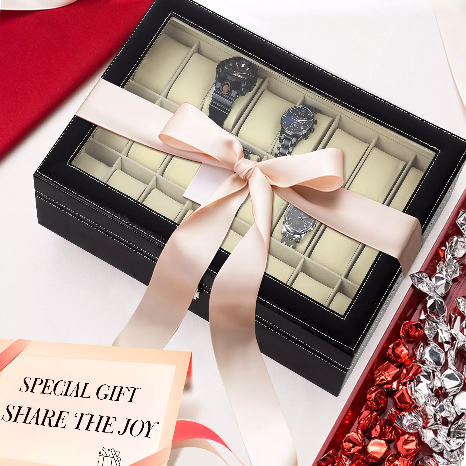 24 Slots Watch Box PU Leather Watch Case Organizer Display Watch Cabinet Black