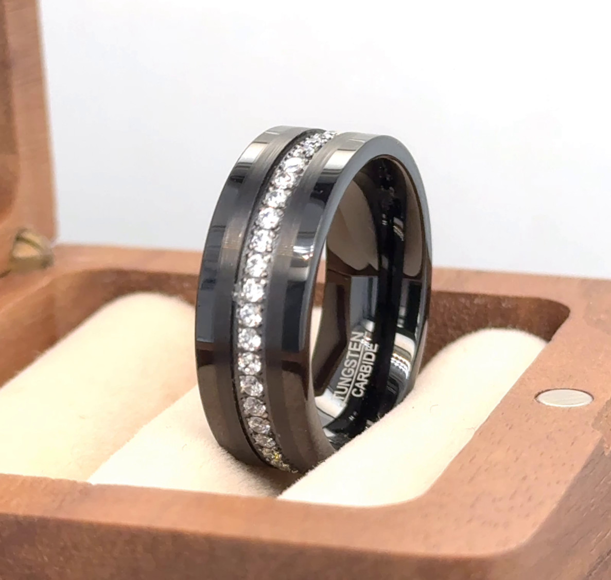 Couple Ring Gift Black Tungsten Engagement Ring White CZ Inlay Beautiful Band
