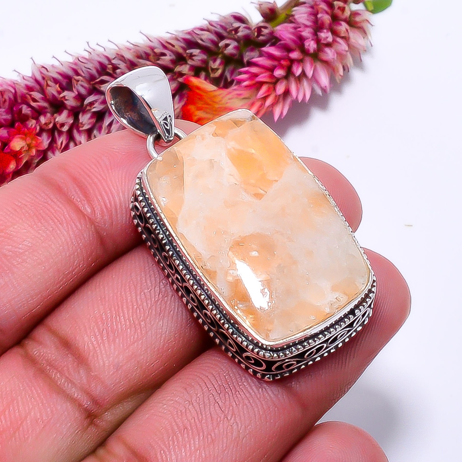 Orange Calcite- Peru Fine Art 925 Sterling Silver Pendant 0.98″ P10364114311