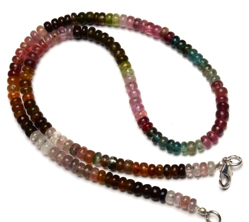 Natural Multi Color Tourmaline Smooth Rondelle Shape Gemstone Beads Necklace 18″
