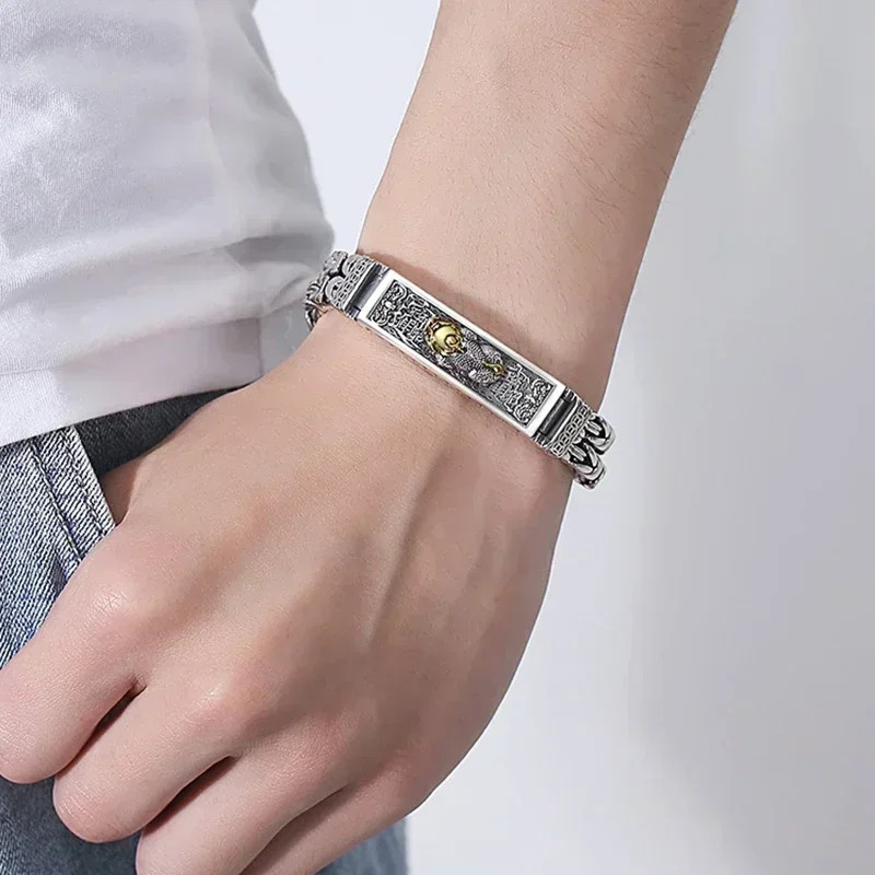 New Silver Color Plain S925 60.5g Silver Men Retro Cross Watch Chain Bracelet