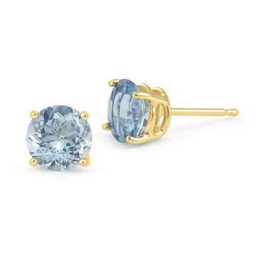 14K YELLOW GOLD BLUE created AQUAMARINE ROUND SHAPE STUD PUSH BACK EARRINGS