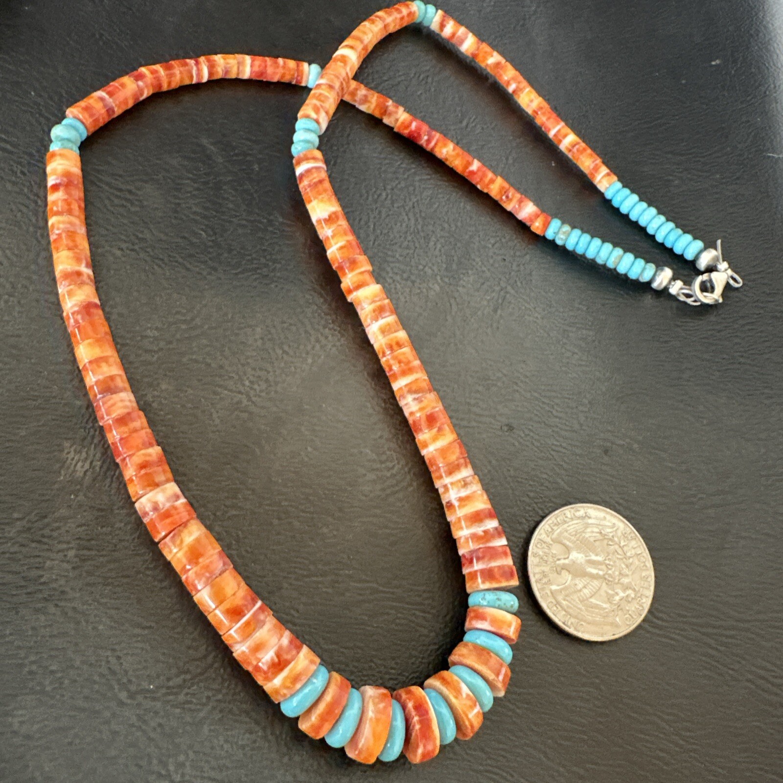 USA Spiny Oyster Turquoise Graduated Navajo Sterling Silver Necklace 18273